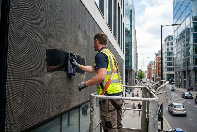 Technician in a boom-lift basket wiping an outdoor LED display panel with a microfiber cloth on a city street
