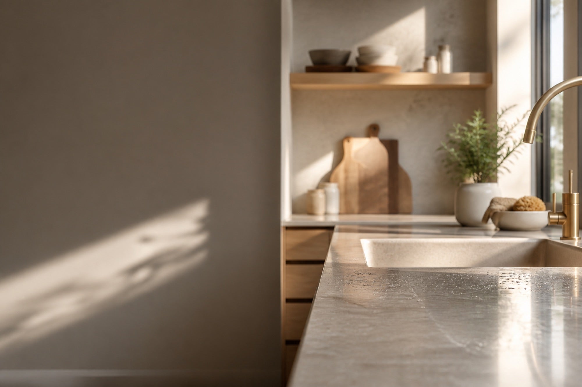 A softly sunlit stone worktop in a calm modern kitchen
