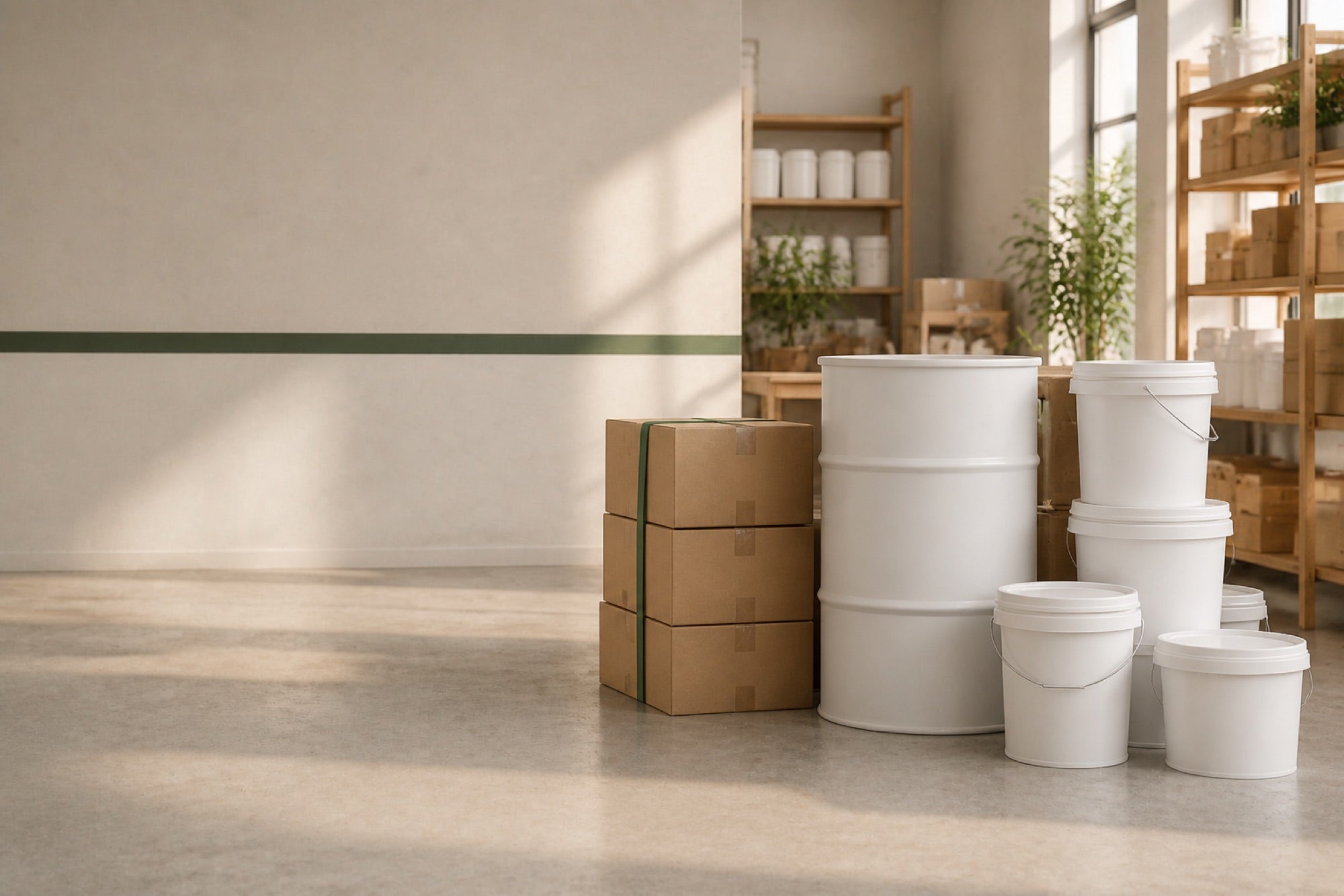 Bulk pails and a 55-gallon drum in a bright fulfillment space